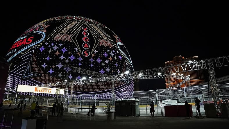 Nov 16, 2023; Las Vegas, Nevada, USA; The MSG Sphere is observed prior to the start of the first at Formula 1 Heineken Silver Las Vegas Grand Prix practice at the Las Vegas Strip Circuit. Mandatory Credit: Lucas Peltier-USA TODAY Sports