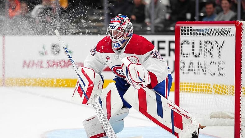 Nov 22, 2023; Anaheim, California, USA; Montreal Canadiens goaltender Sam Montembeault (35) defends the goal against the Anaheim Ducks in the second period at Honda Center. Mandatory Credit: Kirby Lee-USA TODAY Sports