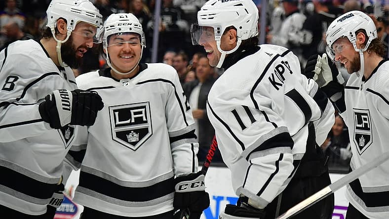 Nov 24, 2023; Anaheim, California, USA; Los Angeles Kings center Anze Kopitar (11) celebrates his goal scored against the Anaheim Ducks during the third period at Honda Center. Mandatory Credit: Gary A. Vasquez-USA TODAY Sports