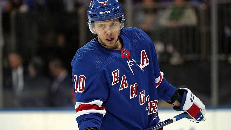 Nov 27, 2023; New York, New York, USA; New York Rangers left wing Artemi Panarin (10) skates against the Buffalo Sabres during the first period at Madison Square Garden. Mandatory Credit: Danny Wild-USA TODAY Sports