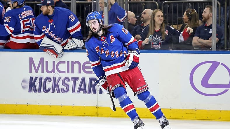 Nov 27, 2023; New York, New York, USA; New York Rangers center Mika Zibanejad (93) celebrates a goal against the Buffalo Sabres during the third period at Madison Square Garden. Mandatory Credit: Danny Wild-USA TODAY Sports