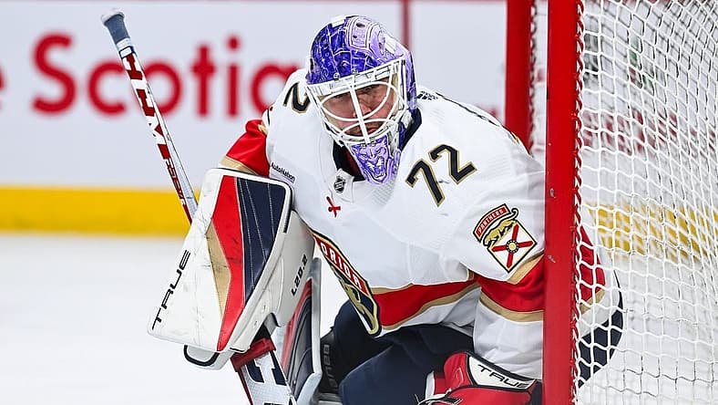 Nov 30, 2023; Montreal, Quebec, CAN; Florida Panthers goalie Sergei Bobrovsky (72) looks on during warm-up before the game against the Montreal Canadiens at Bell Centre. Mandatory Credit: David Kirouac-USA TODAY Sports