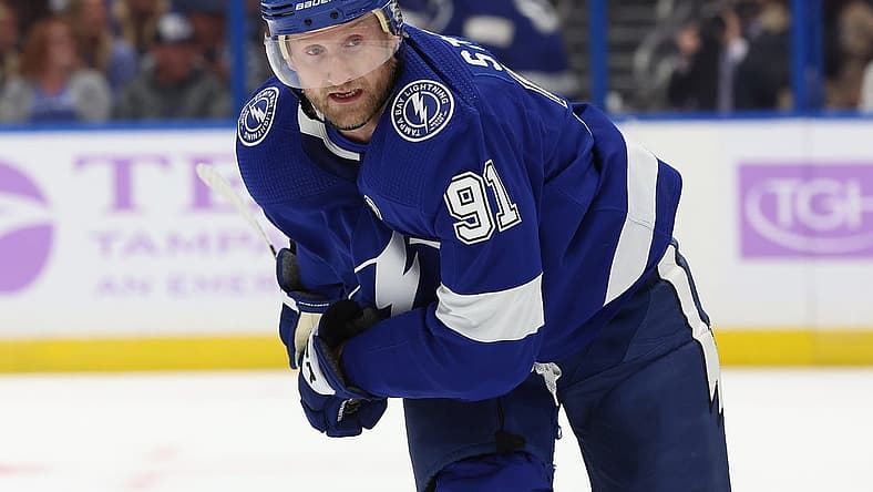 Nov 30, 2023; Tampa, Florida, USA; Tampa Bay Lightning center Steven Stamkos (91) skates against the Pittsburgh Penguins during the third period at Amalie Arena. Mandatory Credit: Kim Klement Neitzel-USA TODAY Sports