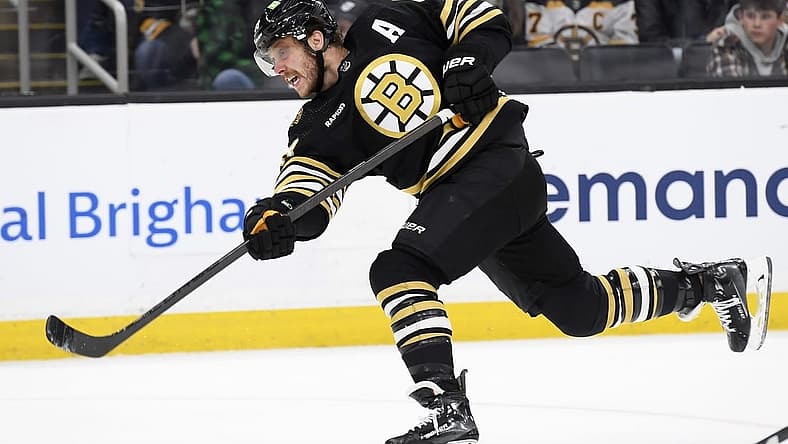 Nov 30, 2023; Boston, Massachusetts, USA; Boston Bruins right wing David Pastrnak (88) shoots the puck during the third period against the San Jose Sharks at TD Garden. Mandatory Credit: Bob DeChiara-USA TODAY Sports