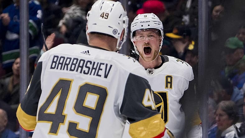 Nov 30, 2023; Vancouver, British Columbia, CAN; Vegas Golden Knights forward Ivan Barbashev (49) and forward Jack Eichel (9) celebrate Eichel   s goal against the Vancouver Canucks in the first period at Rogers Arena. Mandatory Credit: Bob Frid-USA TODAY Sports
