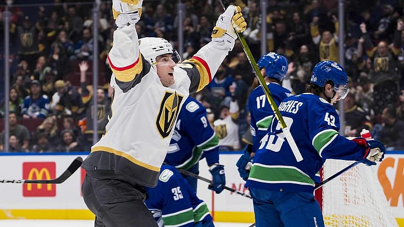 Nov 30, 2023; Vancouver, British Columbia, CAN; Vegas Golden Knights forward Ivan Barbashev (49) celebrates his goal against the Vancouver Canucks in the first period at Rogers Arena. Mandatory Credit: Bob Frid-USA TODAY Sports