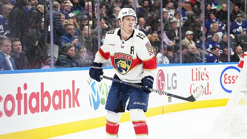 Nov 28, 2023; Toronto, Ontario, CAN; Florida Panthers left wing Matthew Tkachuk (19) follows the play against the Toronto Maple Leafs during the second period at Scotiabank Arena. Mandatory Credit: Nick Turchiaro-USA TODAY Sports