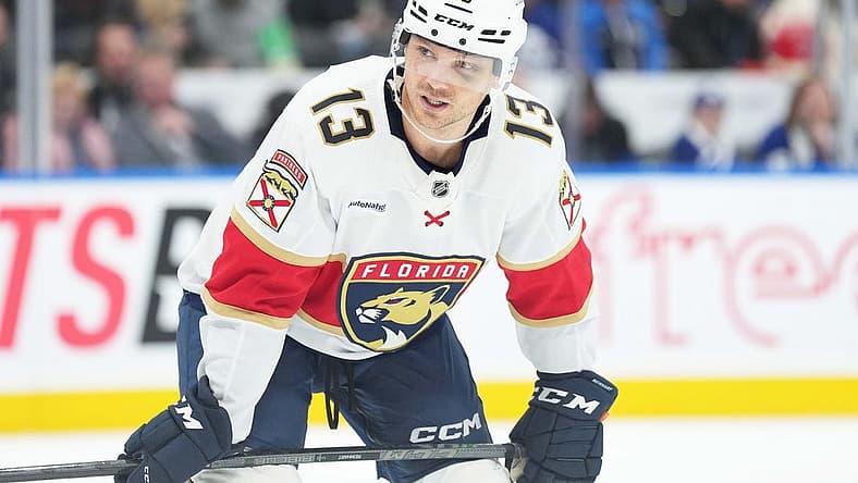 Nov 28, 2023; Toronto, Ontario, CAN; Florida Panthers center Sam Reinhart (13) gets ready for a faceoff against the Toronto Maple Leafs during the second period at Scotiabank Arena. Mandatory Credit: Nick Turchiaro-USA TODAY Sports