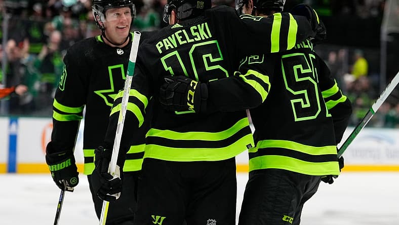Dec 2, 2023; Dallas, Texas, USA; Dallas Stars center Joe Pavelski (16) celebrates with teammates after scoring a goal against the Tampa Bay Lightning during the second period at American Airlines Center. Mandatory Credit: Chris Jones-USA TODAY Sports