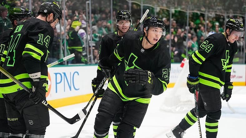 Dec 2, 2023; Dallas, Texas, USA; Dallas Stars left wing Jason Robertson (21) celebrates with teammates after scoring a goal against the Tampa Bay Lightning during the second period at American Airlines Center. Mandatory Credit: Chris Jones-USA TODAY Sports