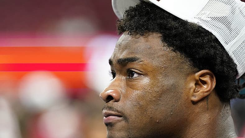 Dec 2, 2023; Atlanta, GA, USA; Alabama Crimson Tide quarterback Jalen Milroe (4) after the game against the Georgia Bulldogs in the SEC Championship game at Mercedes-Benz Stadium. Mandatory Credit: Dale Zanine-USA TODAY Sports