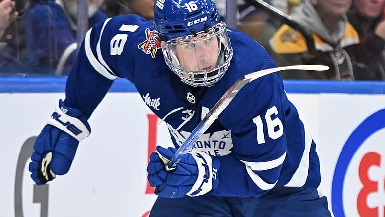 Dec 2, 2023; Toronto, Ontario, CAN; Toronto Maple Leafs forward Mitchell Marner (16) pursues the play against the Boston Bruins in the third period at Scotiabank Arena. Mandatory Credit: Dan Hamilton-USA TODAY Sports