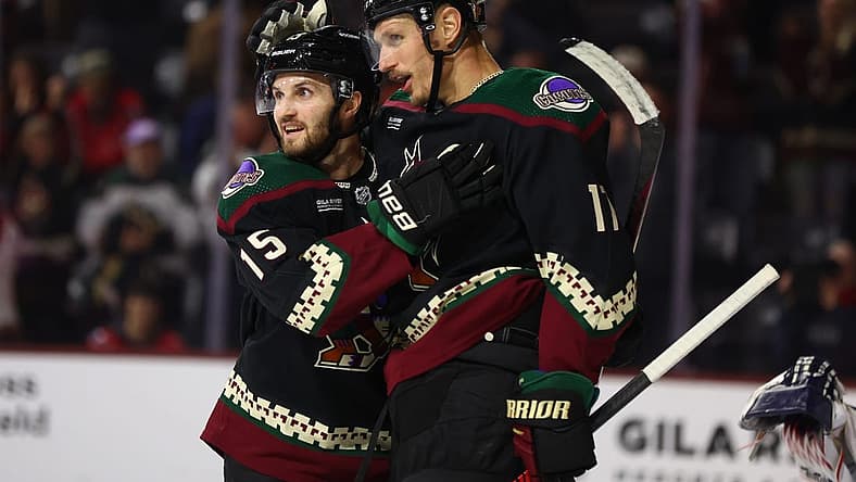 Dec 4, 2023; Tempe, Arizona, USA; Arizona Coyotes center Nick Bjugstad (17) celebrates with teammate Alexander Kerfoot (15) after scoring a goal against the Washington Capitals in the second period at Mullett Arena. Mandatory Credit: Mark J. Rebilas-USA TODAY Sports