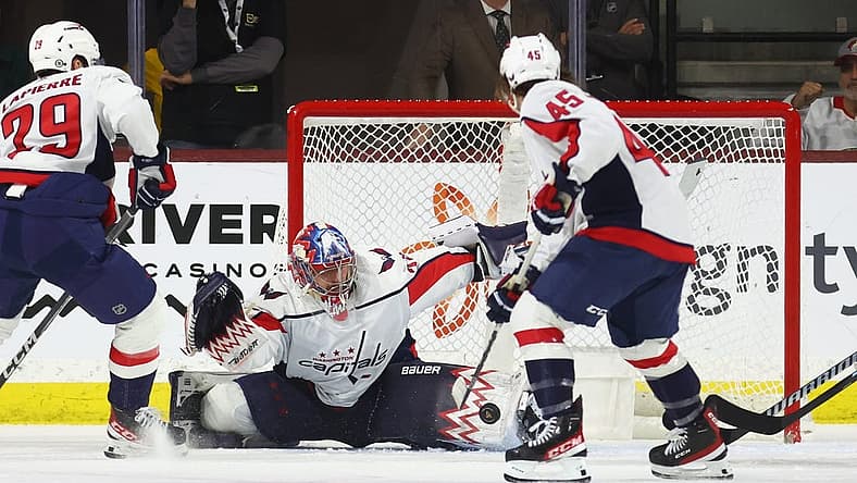Dec 4, 2023; Tempe, Arizona, USA; Washington Capitals goalie Charlie Lindgren makes a save against the Arizona Coyotes in the third period at Mullett Arena. Mandatory Credit: Mark J. Rebilas-USA TODAY Sports