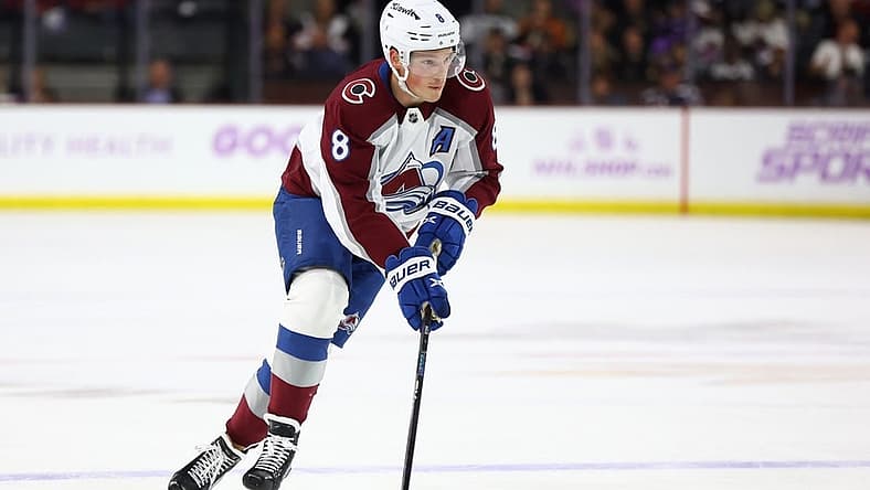Nov 30, 2023; Tempe, Arizona, USA; Colorado Avalanche defenseman Cale Makar (8) against the Arizona Coyotes at Mullett Arena. Mandatory Credit: Mark J. Rebilas-USA TODAY Sports