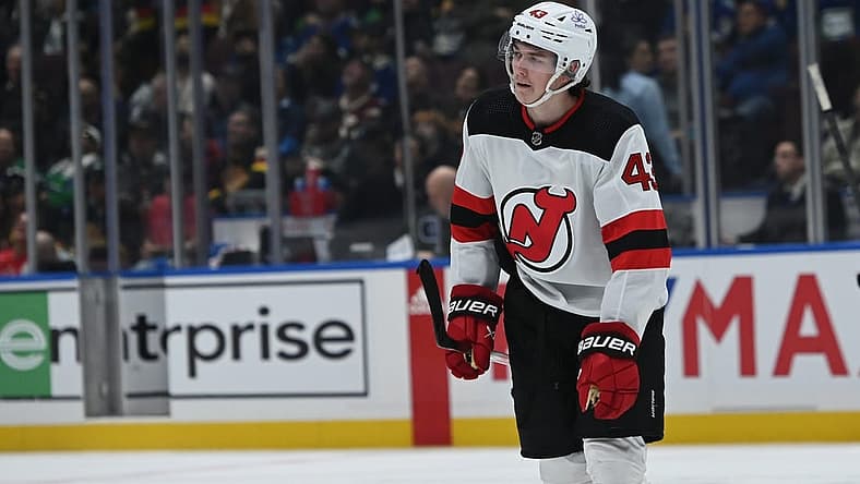 Dec 5, 2023; Vancouver, British Columbia, CAN; New Jersey Devils defence Luke Hughes (43) celebrates a goal against Vancouver Canucks during the second period at Rogers Arena. Mandatory Credit: Simon Fearn-USA TODAY Sports
