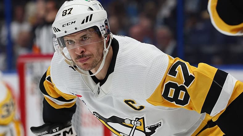 Dec 6, 2023; Tampa, Florida, USA; Pittsburgh Penguins center Sidney Crosby (87) looks on against the Tampa Bay Lightning during the third period at Amalie Arena. Mandatory Credit: Kim Klement Neitzel-USA TODAY Sports