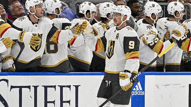 Dec 6, 2023; St. Louis, Missouri, USA; Vegas Golden Knights center Jack Eichel (9) is congratulated by teammates after scoring against the St. Louis Blues during the second period at Enterprise Center. Mandatory Credit: Jeff Curry-USA TODAY Sports