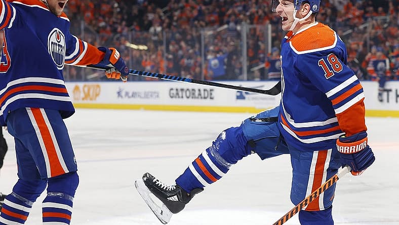 Dec 6, 2023; Edmonton, Alberta, CAN; Edmonton Oilers forward Zach Hyman (18) celebrates after scoring a goal against the Carolina Hurricanes during the first period at Rogers Place. Mandatory Credit: Perry Nelson-USA TODAY Sports