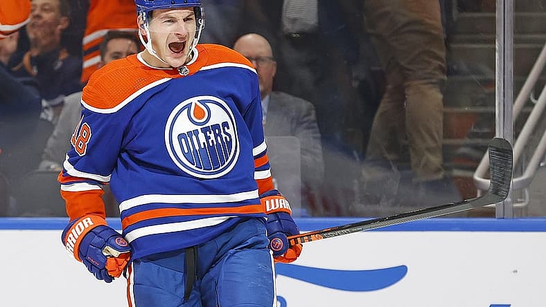 Dec 6, 2023; Edmonton, Alberta, CAN; Edmonton Oilers forward Zach Hyman (18) celebrates after scoring a goal, his second of the game against the Carolina Hurricanes during the first period at Rogers Place. Mandatory Credit: Perry Nelson-USA TODAY Sports