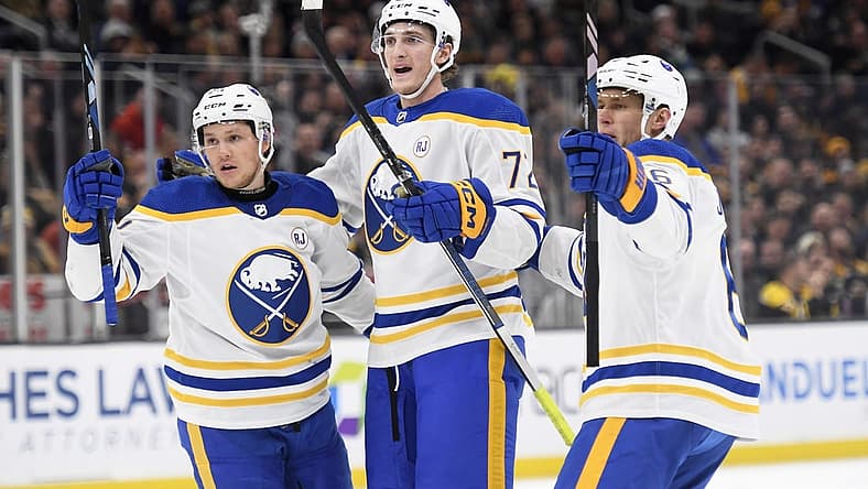 Dec 7, 2023; Boston, Massachusetts, USA; Buffalo Sabres right wing Tage Thompson (72) reacts with his line mates after scoring a goal during the second period against the Boston Bruins at TD Garden. Mandatory Credit: Bob DeChiara-USA TODAY Sports