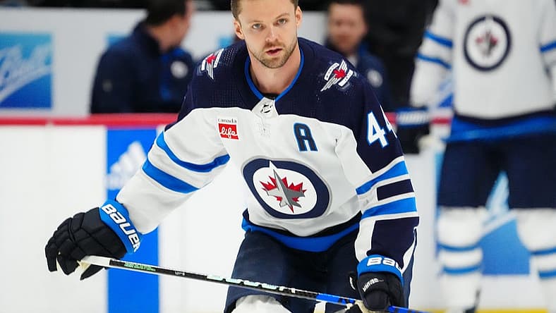 Dec 7, 2023; Denver, Colorado, USA; Winnipeg Jets defenseman Josh Morrissey (44) before the game against the Colorado Avalanche at Ball Arena. Mandatory Credit: Ron Chenoy-USA TODAY Sports