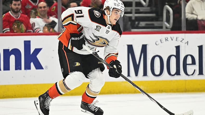 Dec 7, 2023; Chicago, Illinois, USA; Anaheim Ducks forward Leo Carlsson (91) controls the puck in the first period against the Chicago Blackhawks at United Center. Mandatory Credit: Jamie Sabau-USA TODAY Sports