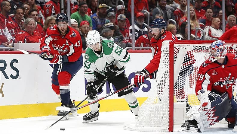 Dec 7, 2023; Washington, District of Columbia, USA; Dallas Stars center Wyatt Johnston (53) controls the puck as Washington Capitals defenseman Joel Edmundson (6) defends during the second period at Capital One Arena. Mandatory Credit: Amber Searls-USA TODAY Sports