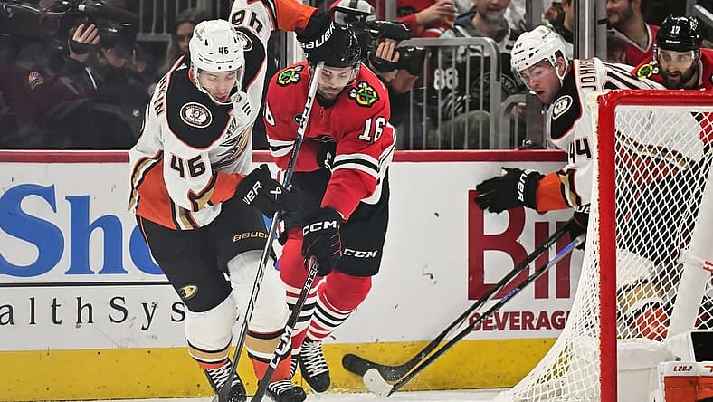 Dec 7, 2023; Chicago, Illinois, USA; Anaheim Ducks defenseman Ilya Lyubushkin (46) and Chicago Blackhawks forward Jason Dickinson (16) battle for control of the puck in the first period at United Center. Mandatory Credit: Jamie Sabau-USA TODAY Sports