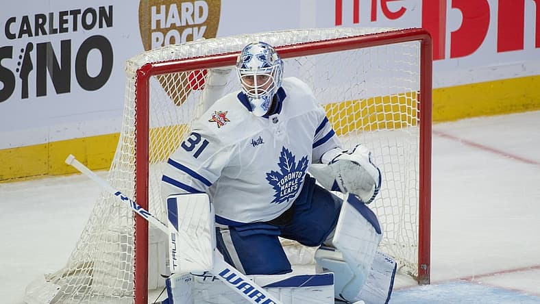 Dec 7, 2023; Ottawa, Ontario, CAN; Toronto Maple Leafs goalie Martin Jones (31) is called into action following an injury with Joseph Woll (60) in the third period against the Ottawa Senators at the Canadian Tire Centre. Mandatory Credit: Marc DesRosiers-USA TODAY Sports