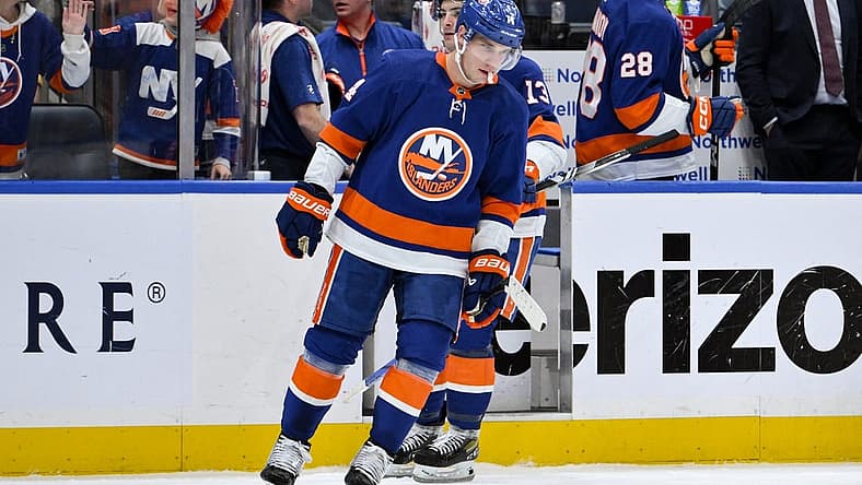 Dec 7, 2023; Elmont, New York, USA; New York Islanders center Bo Horvat (14) reacts after scoring a goal against the Columbus Blue Jackets during the third period at UBS Arena. Mandatory Credit: John Jones-USA TODAY Sports