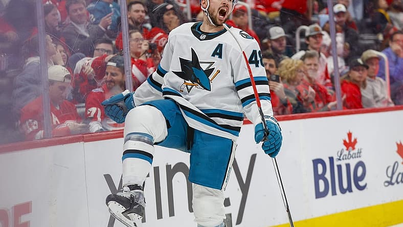 Dec 7, 2023; Detroit, Michigan, USA; San Jose Sharks center Thomas Hertl (48) reacts after scoring a goal during the third period at Little Caesars Arena. Mandatory Credit: Brian Bradshaw Sevald-USA TODAY Sports