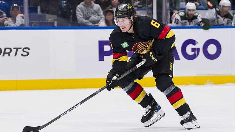Dec 7, 2023; Vancouver, British Columbia, CAN; Vancouver Canucks forward Brock Boeser (6) handles the puck on a breakaway against the Minnesota Wild in the third period at Rogers Arena. Vancouver won 2-0. Mandatory Credit: Bob Frid-USA TODAY Sports