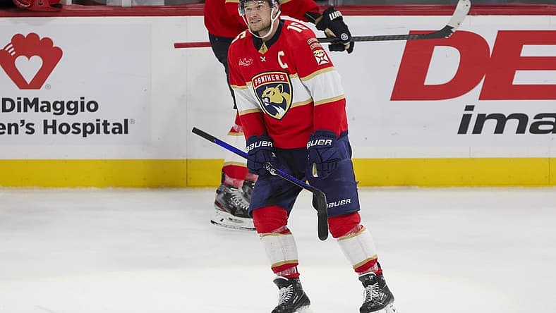 Dec 8, 2023; Sunrise, Florida, USA; Florida Panthers center Aleksander Barkov (16) looks on after scoring on an empty net against the Pittsburgh Penguins during the third period at Amerant Bank Arena. Mandatory Credit: Sam Navarro-USA TODAY Sports