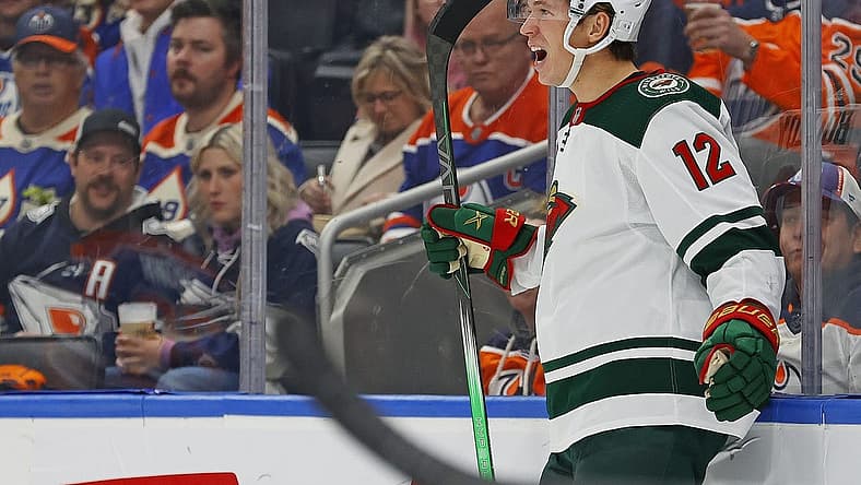 Dec 8, 2023; Edmonton, Alberta, CAN; Minnesota Wild forward Matt Boldy (12) celebrates his goal during the second period against the Edmonton Oilers at Rogers Place. Mandatory Credit: Perry Nelson-USA TODAY Sports