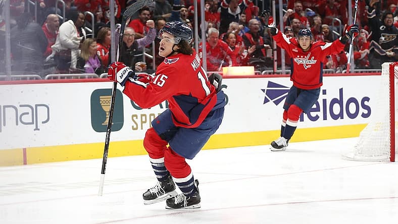 Dec 9, 2023; Washington, District of Columbia, USA; Washington Capitals left wing Sonny Milano (15) celebrates after scoring a goal past New York Rangers goaltender Igor Shesterkin (not pictured) during the first period at Capital One Arena. Mandatory Credit: Amber Searls-USA TODAY Sports