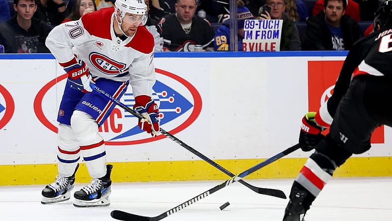 Dec 9, 2023; Buffalo, New York, USA; Montreal Canadiens left wing Tanner Pearson (70) looks to make a pass during the first period against the Buffalo Sabres at KeyBank Center. Mandatory Credit: Timothy T. Ludwig-USA TODAY Sports