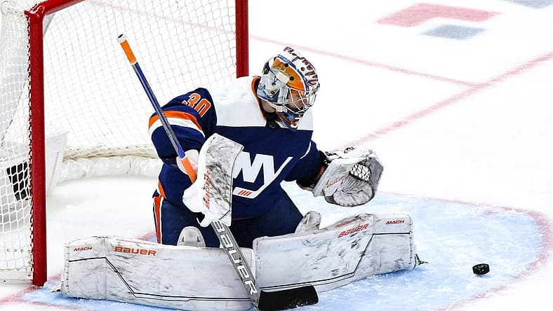 Dec 9, 2023; Elmont, New York, USA; New York Islanders goaltender Ilya Sorokin (30) makes a save against the Los Angeles Kings during the third period at UBS Arena. Mandatory Credit: John Jones-USA TODAY Sports