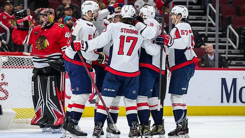 Dec 10, 2023; Chicago, Illinois, USA; Washington Capitals center Dylan Strome (17) celebrates his goal with teammates against the Chicago Blackhawks during the second period at the United Center. Mandatory Credit: Daniel Bartel-USA TODAY Sports