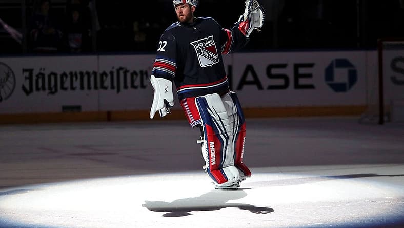 Dec 10, 2023; New York, New York, USA; New York Rangers goalie Jonathan Quick (32) is acknowledged as the first star of a 4-1 win against the Los Angeles Kings at Madison Square Garden. Mandatory Credit: Danny Wild-USA TODAY Sports