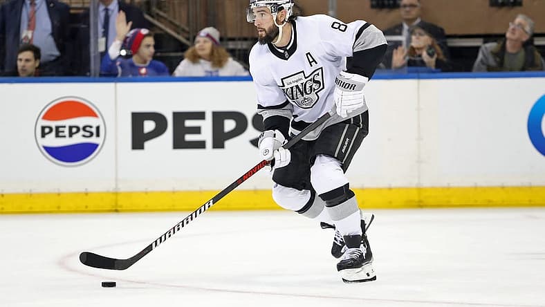 Dec 10, 2023; New York, New York, USA; Los Angeles Kings defenseman Drew Doughty (8) looks to pass against the New York Rangers during the third period at Madison Square Garden. Mandatory Credit: Danny Wild-USA TODAY Sports