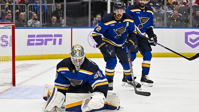 Dec 12, 2023; St. Louis, Missouri, USA; St. Louis Blues goaltender Jordan Binnington (50) defends the net against the Detroit Red Wings during the first period at Enterprise Center. Mandatory Credit: Jeff Curry-USA TODAY Sports