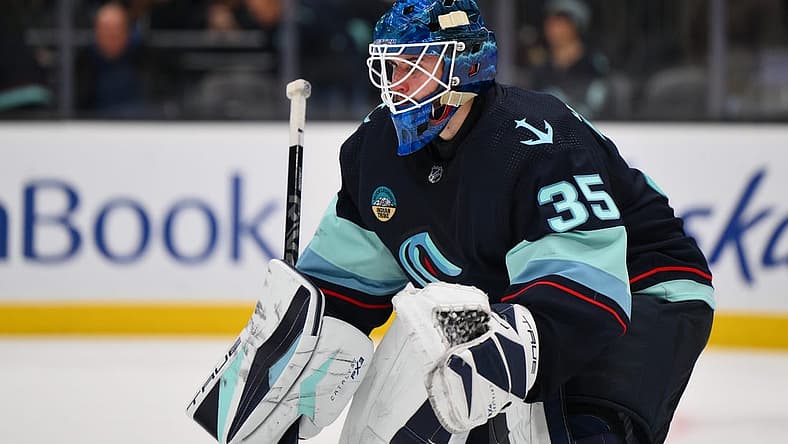 Dec 12, 2023; Seattle, Washington, USA; Seattle Kraken goaltender Joey Daccord (35) defends the goal during the third period against the Florida Panthers at Climate Pledge Arena. Mandatory Credit: Steven Bisig-USA TODAY Sports