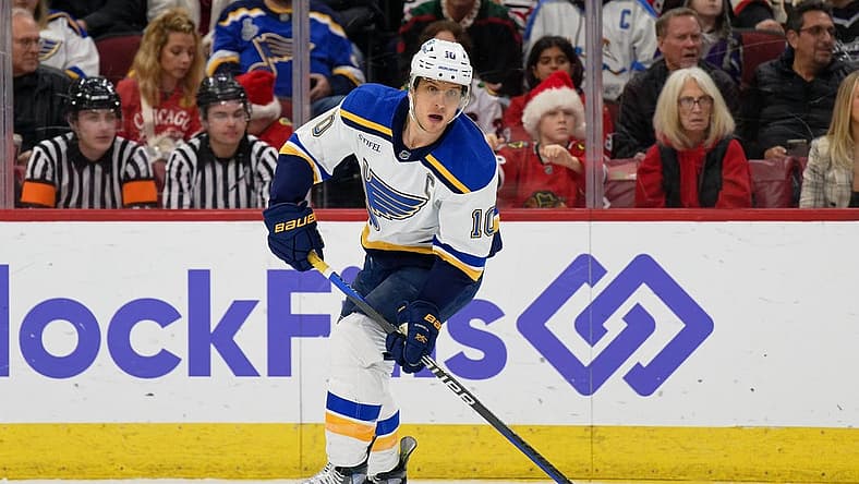 Dec 9, 2023; Chicago, Illinois, USA; St. Louis Blues forward Brayden Schenn (10) skates against the Chicago Blackhawks at United Center. Mandatory Credit: Jamie Sabau-USA TODAY Sports