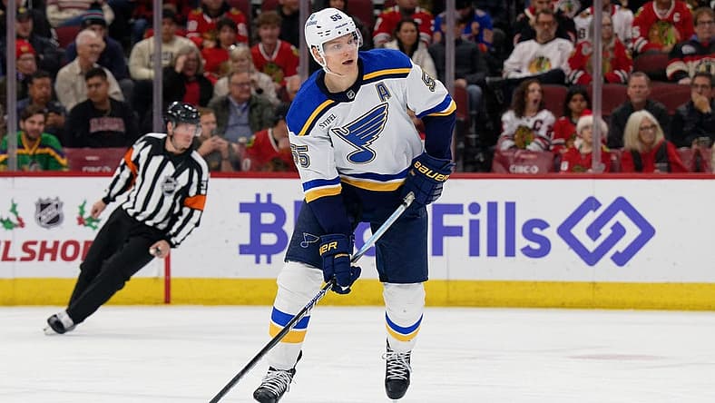 Dec 9, 2023; Chicago, Illinois, USA; St. Louis Blues defenseman Colton Parayko (55) skates against the Chicago Blackhawks at United Center. Mandatory Credit: Jamie Sabau-USA TODAY Sports