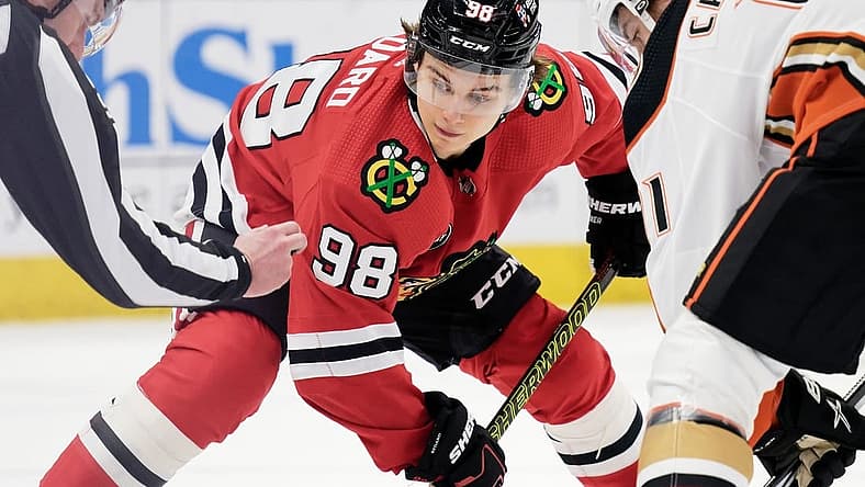 Dec 7, 2023; Chicago, Illinois, USA; Chicago Blackhawks forward Connor Bedard (98) skates against the Anaheim Ducks at United Center. Mandatory Credit: Jamie Sabau-USA TODAY Sports