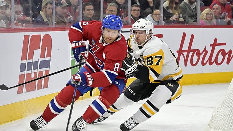 Dec 13, 2023; Montreal, Quebec, CAN; Pittsburgh Penguins forward Sidney Crosby (87) forechecks Montreal Canadiens defenseman Mike Matheson (8) during the first period at the Bell Centre. Mandatory Credit: Eric Bolte-USA TODAY Sports