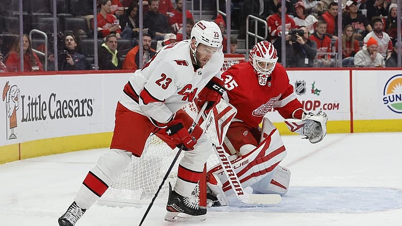 Dec 14, 2023; Detroit, Michigan, USA; Carolina Hurricanes right wing Stefan Noesen (23) skates with the puck in the first period against the Detroit Red Wings at Little Caesars Arena. Mandatory Credit: Rick Osentoski-USA TODAY Sports