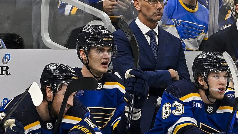 Dec 14, 2023; St. Louis, Missouri, USA; St. Louis Blues interim head coach Drew Bannister looks on from the bench during the first period against the Ottawa Senators at Enterprise Center. Mandatory Credit: Jeff Curry-USA TODAY Sports