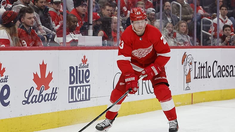 Dec 14, 2023; Detroit, Michigan, USA; Detroit Red Wings left wing Lucas Raymond (23) skates with the puck in the second period against the Carolina Hurricanes at Little Caesars Arena. Mandatory Credit: Rick Osentoski-USA TODAY Sports